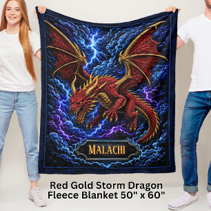 Voeg Naam Rode & Gouden Storm Draak met Bliksem to Fleece Deken