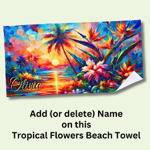 Voeg naam Roze Oranje Tropische Bloemen & Palmboom Strandlaken