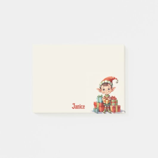 Voeg naam Santa's Christmas Elf met geschenken Post-it® Notes (Voorkant)