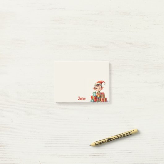 Voeg naam Santa's Christmas Elf met geschenken Post-it® Notes (Op bureau)