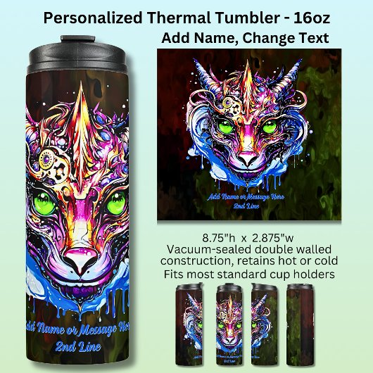 Voeg naam tekst, blauw roze fantasie draak groene thermosbeker