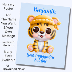 Voeg Naam Tekst Toe, Baby Tijger met Hoed op Blauw Poster