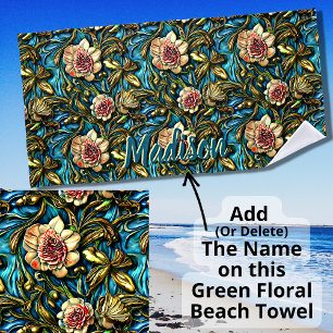 Voeg Naam toe, 3D Roze Bloemen Groene Blauwe Blade Strandlaken
