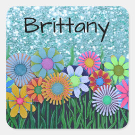 Voeg naam toe aan Colored Flowers Blue Glitter Sti Vierkante Sticker