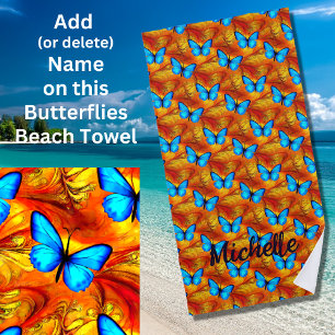 Voeg Naam toe, Blauwe Butterflies op Golden Backgr Strandlaken