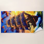 Voeg naam toe, bruin-piraatzeilschip in golven strandlaken (Voorkant)