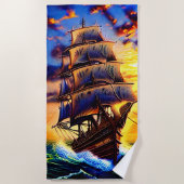 Voeg naam toe, bruin-piraatzeilschip in golven strandlaken (Voorkant)