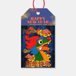 Voeg Naam Toe Chinees Nieuwjaar Draak Blauw Goud Cadeaulabel