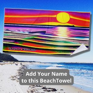 Voeg Naam toe, Crayon Tekent Colorful Sunset bij d Strandlaken