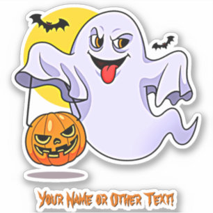 Voeg naam toe, Cute Ghost Pumpkin Face Maan Vleerm Sticker