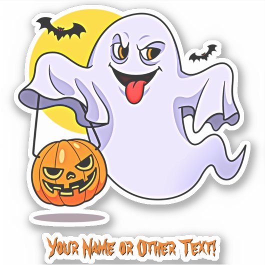 Voeg naam toe, Cute Ghost Pumpkin Face Maan Vleerm Sticker (Voorkant)