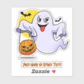 Voeg naam toe, Cute Ghost Pumpkin Face Maan Vleerm Sticker (Vel)