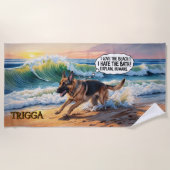 Voeg Naam toe, Duitse Herdershond Rent in Golven Strandlaken (Voorkant)