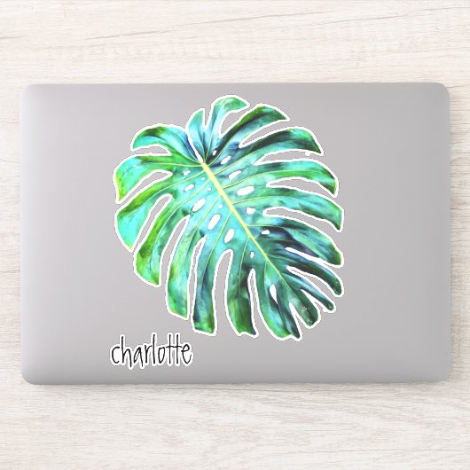 Voeg naam toe Elegant Tropical Leaf Modern Typogra Sticker (Computer)
