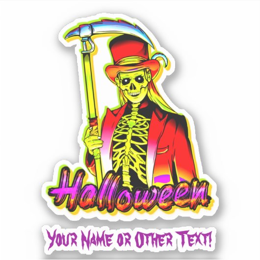 Voeg Naam Toe Enge Rode Gele Grim Reaper Halloween Sticker (Voorkant)