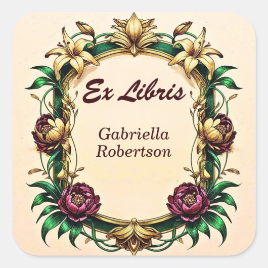 Voeg naam toe Ex Libris Elegant Art Nouveau Vierkante Sticker (Voorkant)