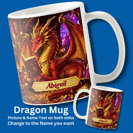 Voeg Naam toe, Fantasy Draak met Boek & Koffie Koffiemok