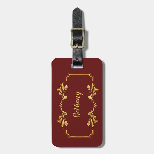 Voeg naam toe, geel goud op Maroon Donkerrood Bagagelabel (Voorkant verticaal)