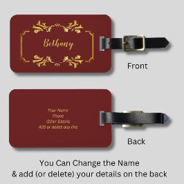 Voeg naam toe, geel goud op Maroon Donkerrood Bagagelabel