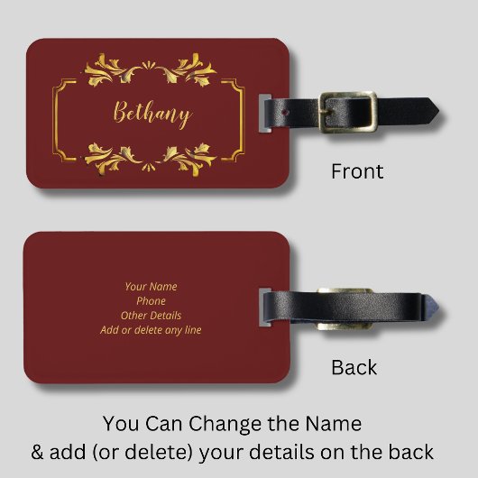Voeg naam toe, geel goud op Maroon Donkerrood Bagagelabel