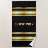 Voeg Naam toe, Gold Stripes op zwart Strandlaken (Voorkant)