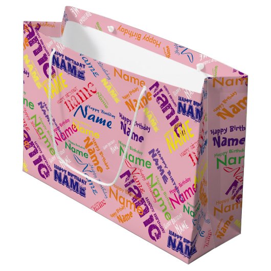 Voeg naam toe, Happy Birthday Large Gift Bag Groot Cadeauzakje (Voorkant Gekanteld)