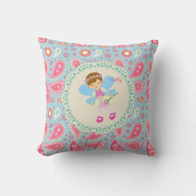 Voeg naam toe Pretty Fairy roze paisley kinderkame Kussen (Voorkant)