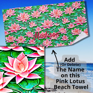 Voeg naam toe, roze Lotus Flowers op groene blader Strandlaken