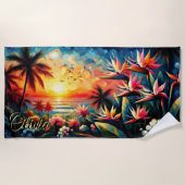 Voeg naam toe Roze Sinaasappel Tropische Bloemen P Strandlaken (Voorkant)