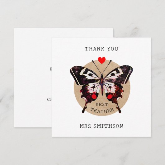 Voeg naam toe Schattige  Butterfly Heart Best Teac Bedankkaart (Voorkant / Achterkant)
