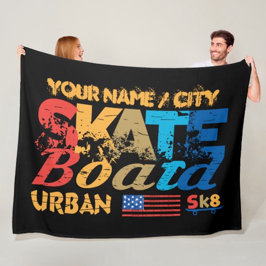 Voeg Naam toe Skateboard Urban SK8 Distress Skateb Fleece Deken (In situ)
