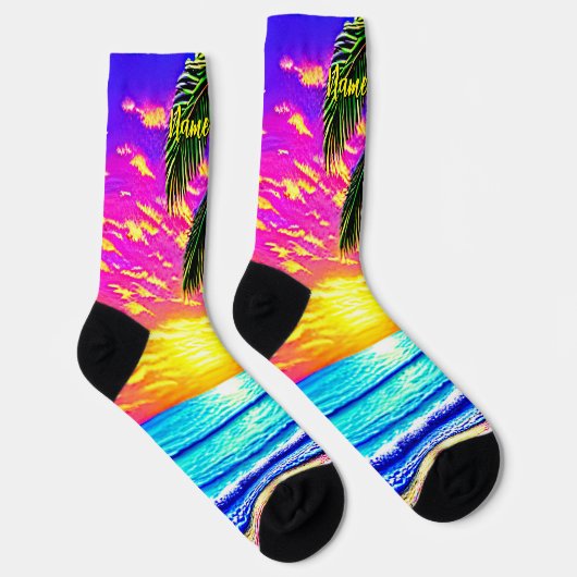 Voeg Naam toe, Stijlvolle strand Zonneset met palm Sokken (Rechts)