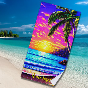 Voeg Naam toe, Stijlvolle strand Zonneset met palm Strandlaken