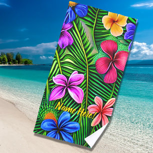 Voeg Naam toe, Stijlvolle Tropische Bloemen & Blad Strandlaken