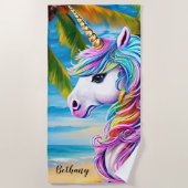 Voeg Naam toe, Witte Unicorn met Regenboogmane bij Strandlaken (Voorkant)