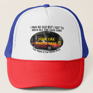 Voeg naam toe, zijn autofoto, tekst, oude maar wol trucker pet