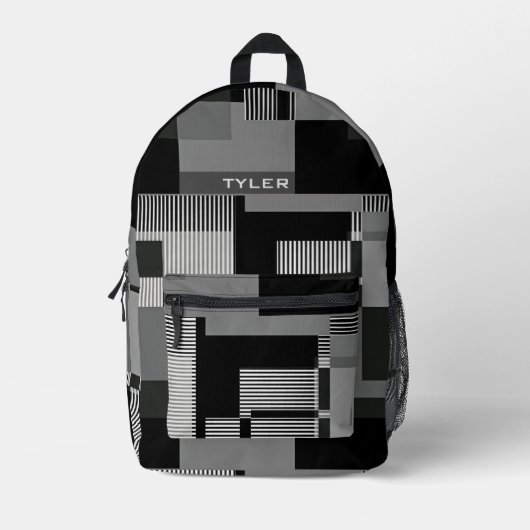 Voeg naam toe Zwart & Grijs Abstract Modern Minima Bedrukte Rugzak (Voorkant)