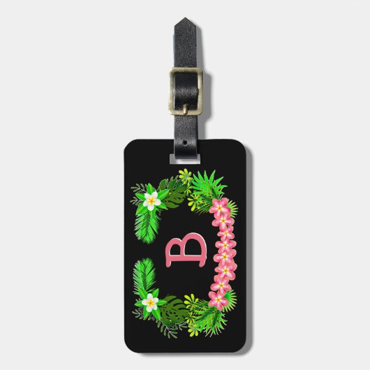 Voeg naam, tropische groene roze bloemen op zwart bagagelabel (Voorkant verticaal)