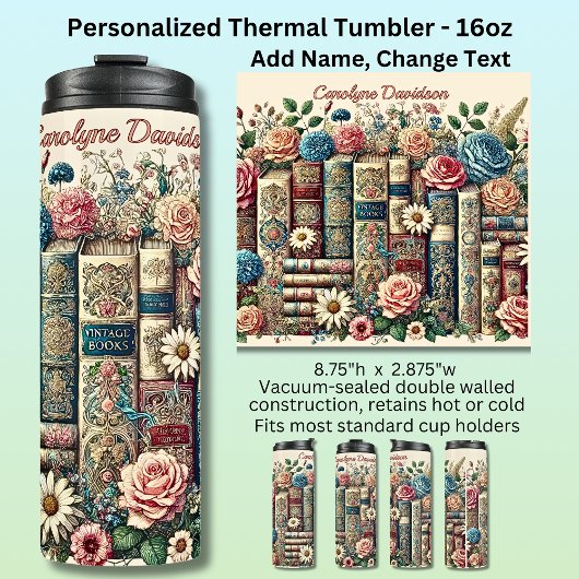 Voeg Naam Vintage Boeken & Bloemen toe  Thermosbeker