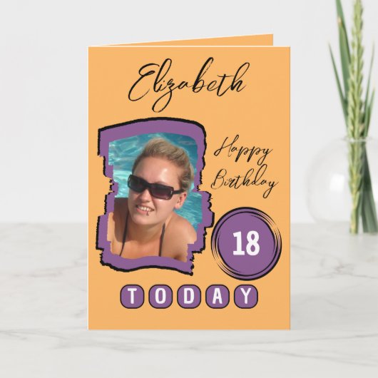 Voeg naamfoto oranje paarse 18e verjaardag toe kaart (Voorkant)