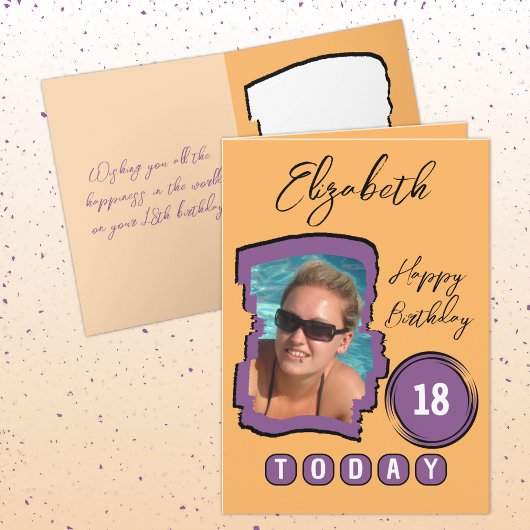 Voeg naamfoto oranje paarse 18e verjaardag toe kaart