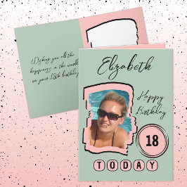 Voeg naamfoto roze groene 18e verjaardag toe kaart
