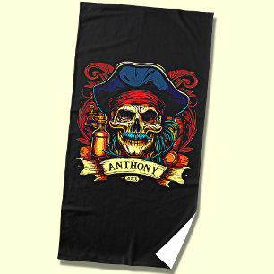 Voeg naamjaar toe, Pirate Skull Face Blue Pet op z Strandlaken