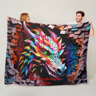 Voeg naamtekst, 3D Rainbow Dragon gebarsten muur t Fleece Deken
