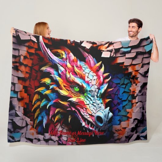 Voeg naamtekst, 3D Rainbow Dragon gebarsten muur t Fleece Deken (In situ)
