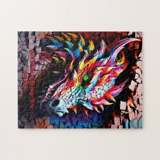 Voeg naamtekst, 3D Rainbow Dragon gebarsten muur t Legpuzzel (Horizontaal)