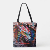 Voeg naamtekst, 3D Rainbow Dragon gebarsten muur t Tote Bag (Achterkant)