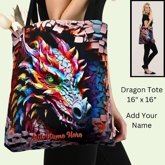 Voeg naamtekst, 3D Rainbow Dragon gebarsten muur t Tote Bag