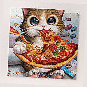 Voeg naamtekst, grappige kat Big Eyes en Pizza toe Legpuzzel