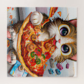 Voeg naamtekst, grappige kat Big Eyes en Pizza toe Legpuzzel (Horizontaal)